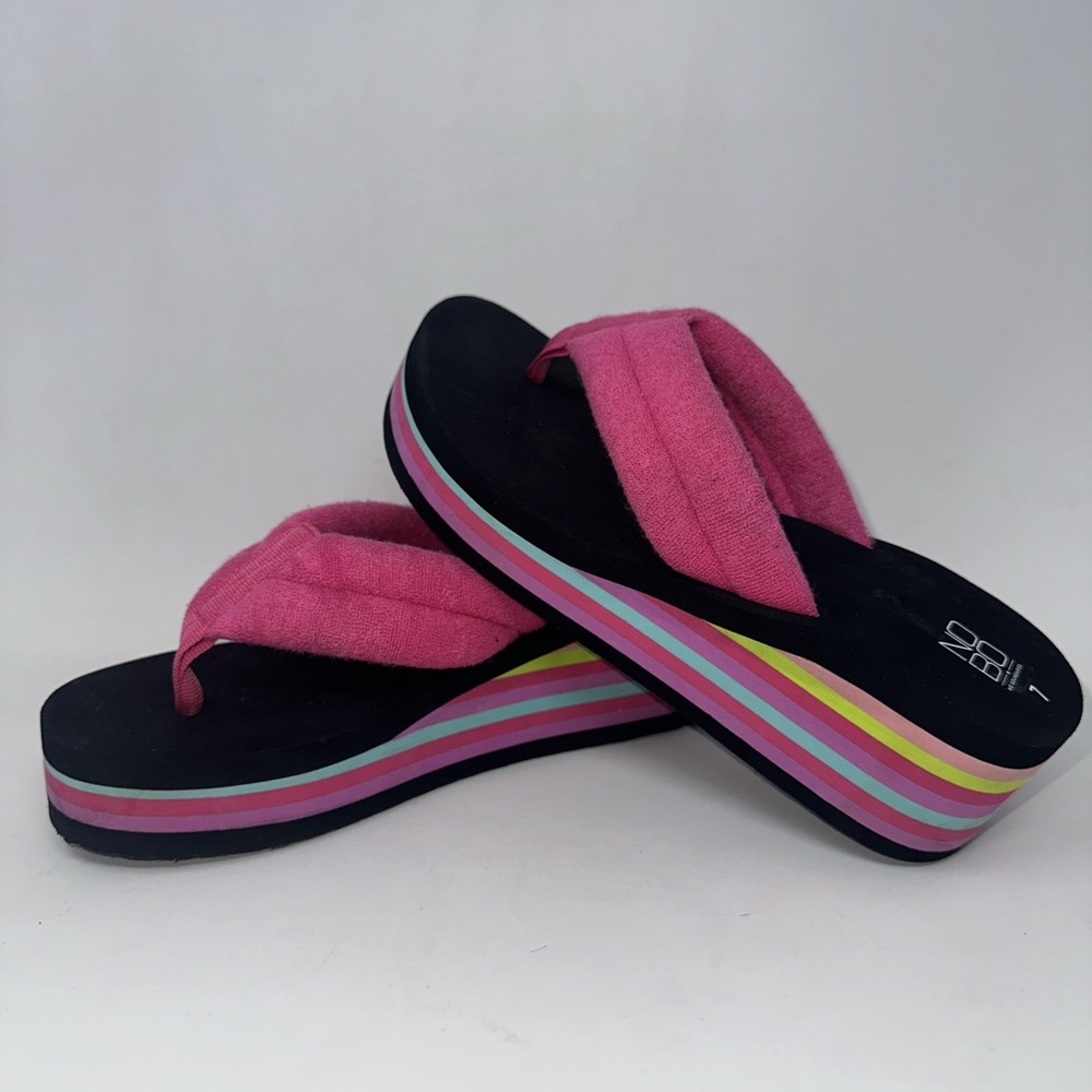 Womens 7 Y2K Rainbow Platform Flip Flop Wedge Pink Sandal 2000s No Boundaries